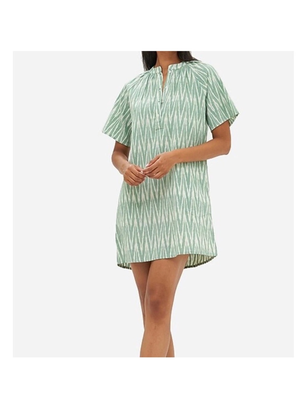 Oliphant Pocket Dress Green Sage Ikat Print Short Sleeve Button Front XS NWT